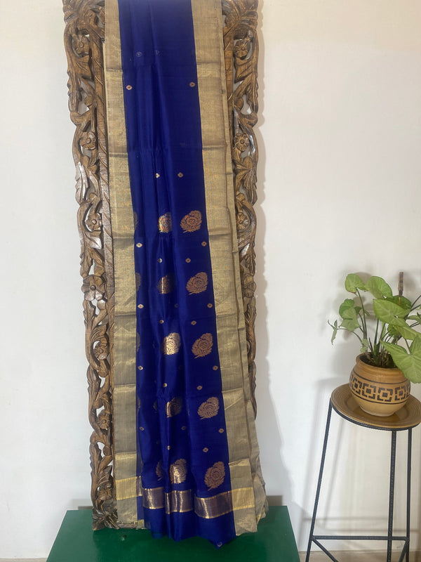Gul-mohar collection-  Handwoven Pure Chanderi Blue Cotton Silk Saree