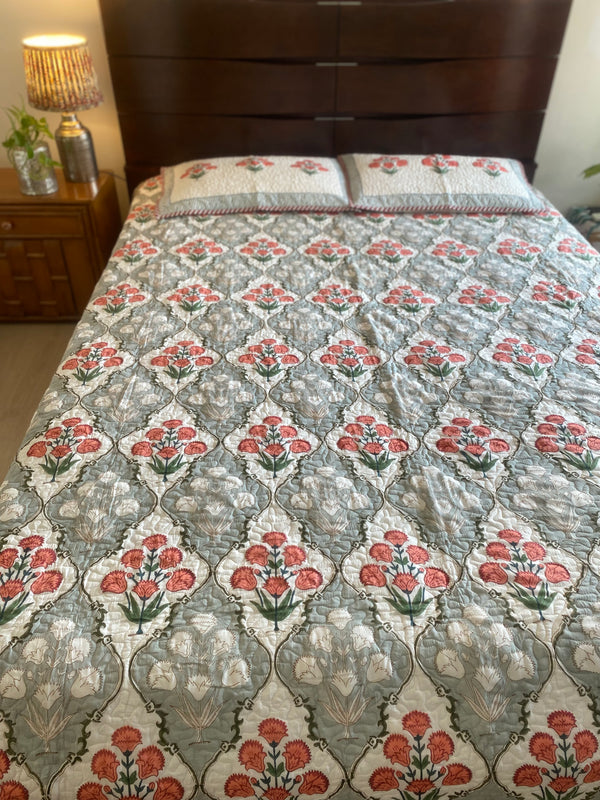 Orange and Grey Floral Handblock Print Quilted Bed Cover