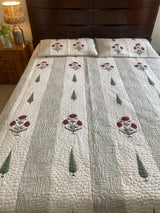 Cypress Leaf Floral Handblock Print Quilted Bed Cover