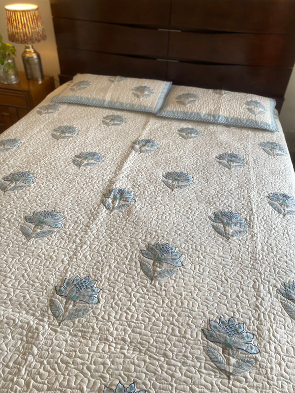 Blue Leaves Handblock Print Quilted Bed Cover