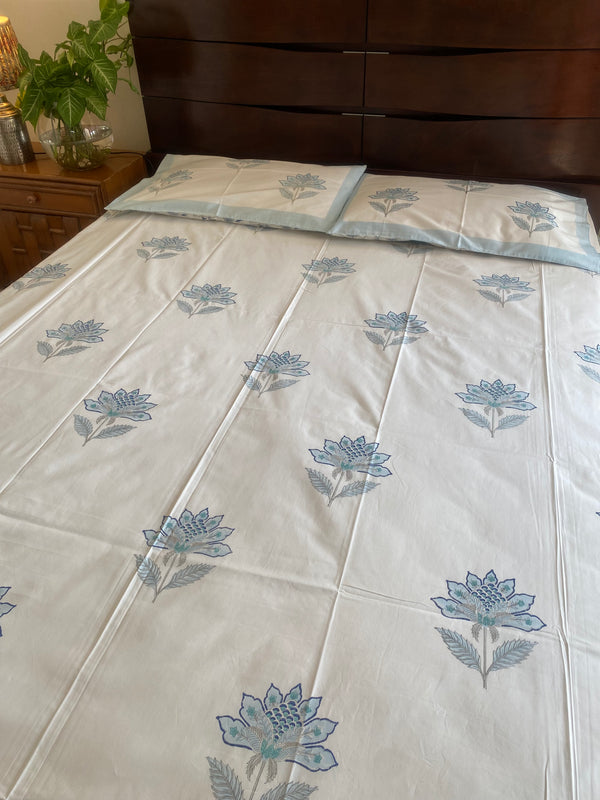 Shades of Blue Leaves Handblock Print Bedsheet (300 TC)