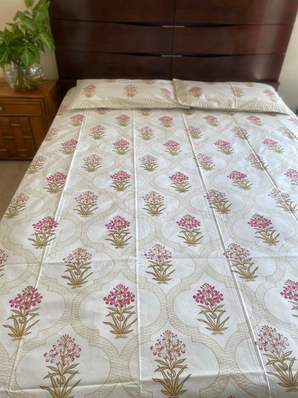 Shades of Brown and Pink Floral Handblock Printed Bedsheet (300 TC)