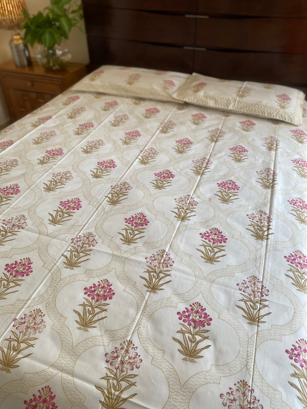 Shades of Brown and Pink Floral Handblock Printed Bedsheet (300 TC)