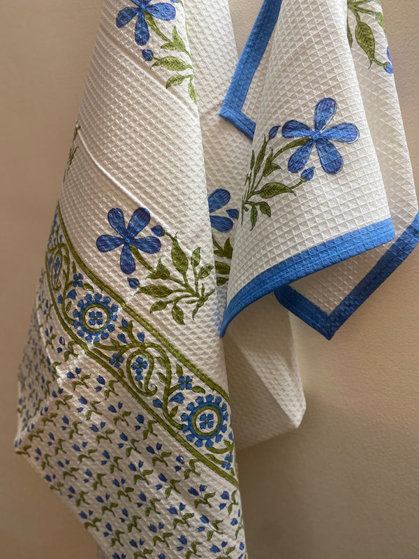 Hand block printed Bath towel set- Blue Floral (set of 3)
