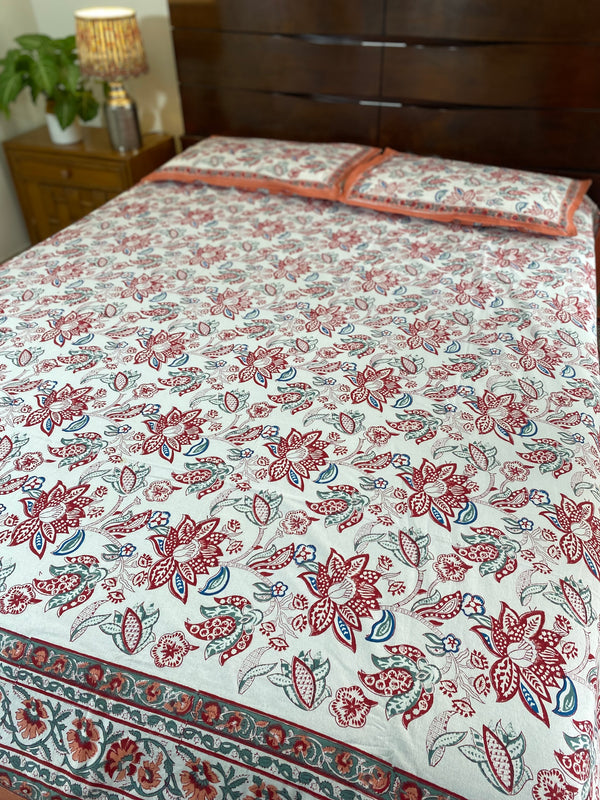 White and Orange Floral Handblock Print Bedsheet