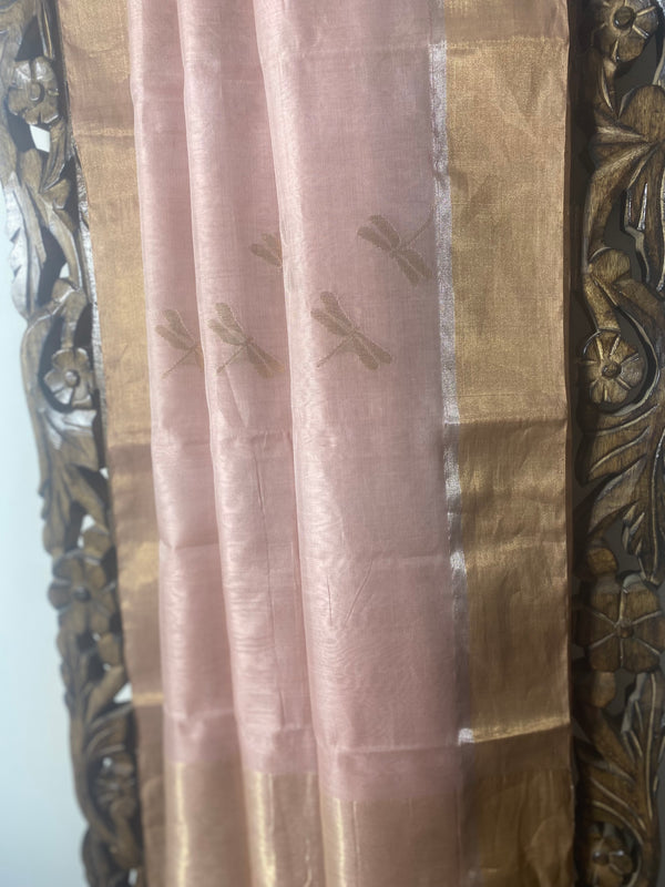 Gul-mohar collection- Handwoven Light Pink Dragonfly Chanderi Saree