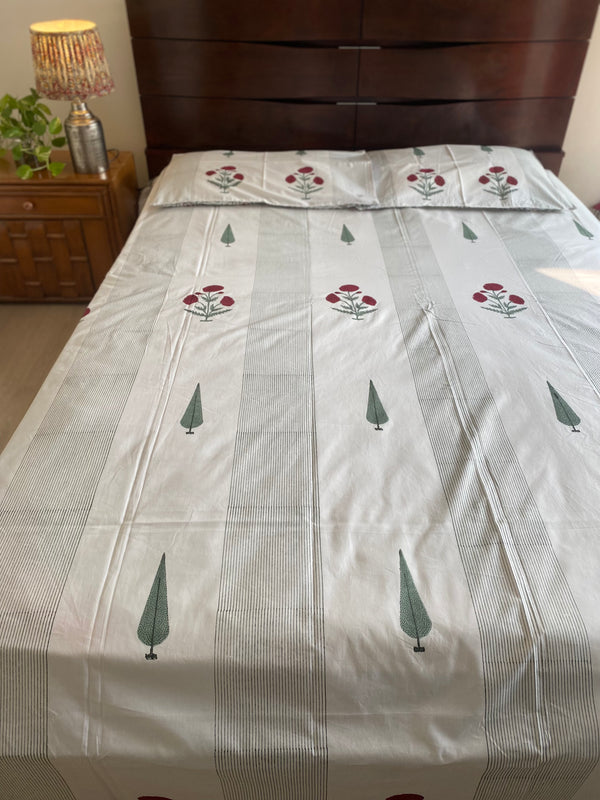 Red and White Floral Handblock Printed Bedsheet (300 TC)