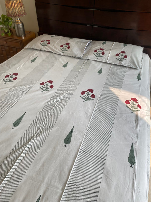 Red and White Floral Handblock Printed Bedsheet (300 TC)