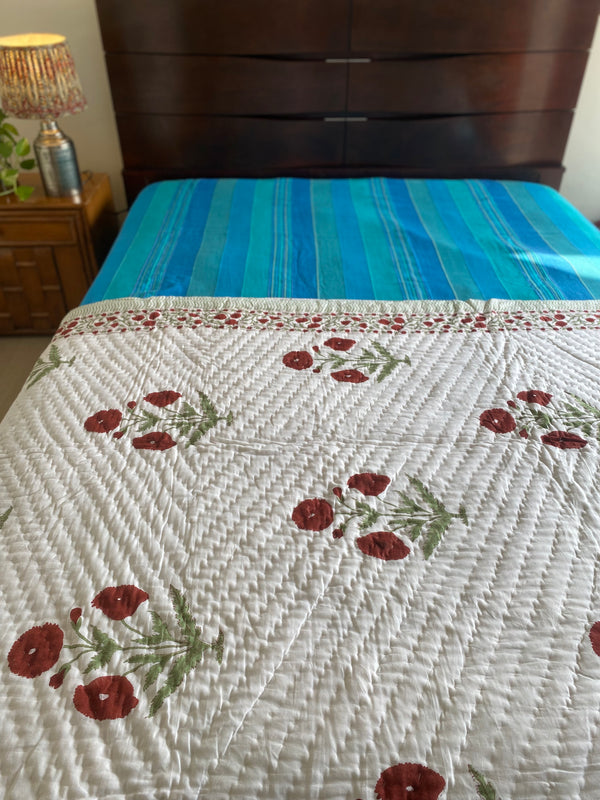 Red and White Floral Reversible Quilt