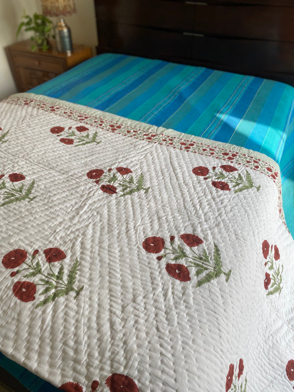 Red and White Floral Reversible Quilt