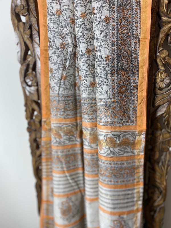 Gul-mohar collection- Peach and Grey Floral Chanderi Saree
