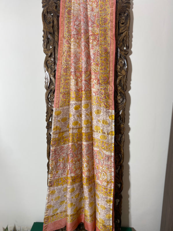 Gul-mohar collection- Peach and Yellow Floral Chanderi Saree