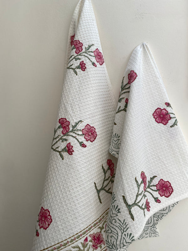 Hand Block Printed Bath Towel Set- Pink Floral (set of 3)