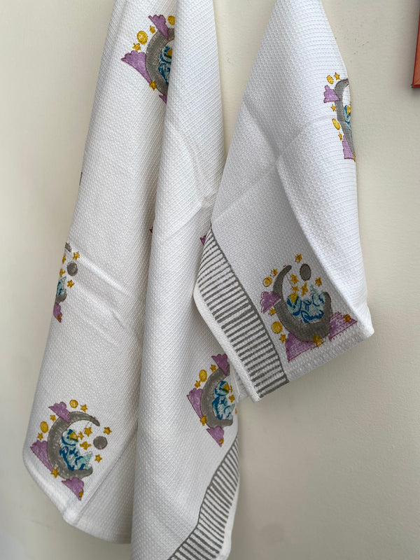 Hand Block Printed Bath Towel Set- Moon and Star (set of 3)