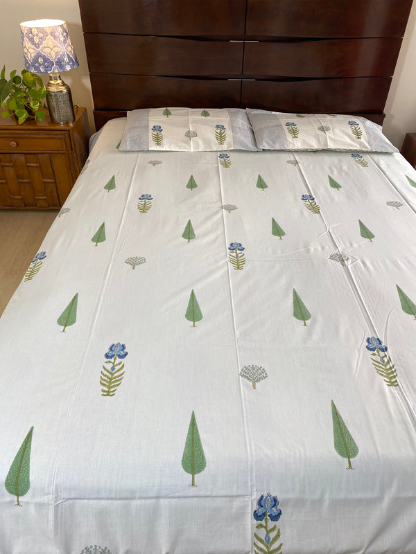 Green and Blue Floral Handblock Print Bedsheet (300 TC)