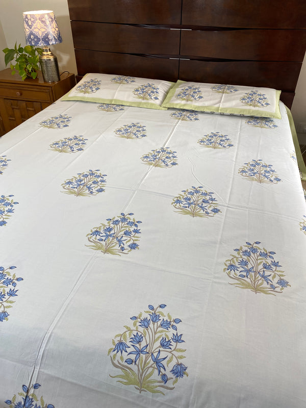 Blue Floral Hand Block Print Bedsheet (300 TC)
