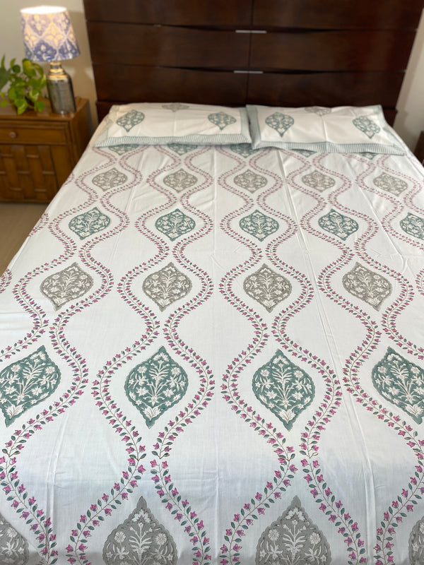 Grey and Pink Floral Hand Block Printed Bedsheet (300 TC)