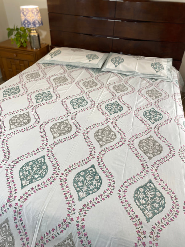 Grey and Pink Floral Hand Block Printed Bedsheet (300 TC)