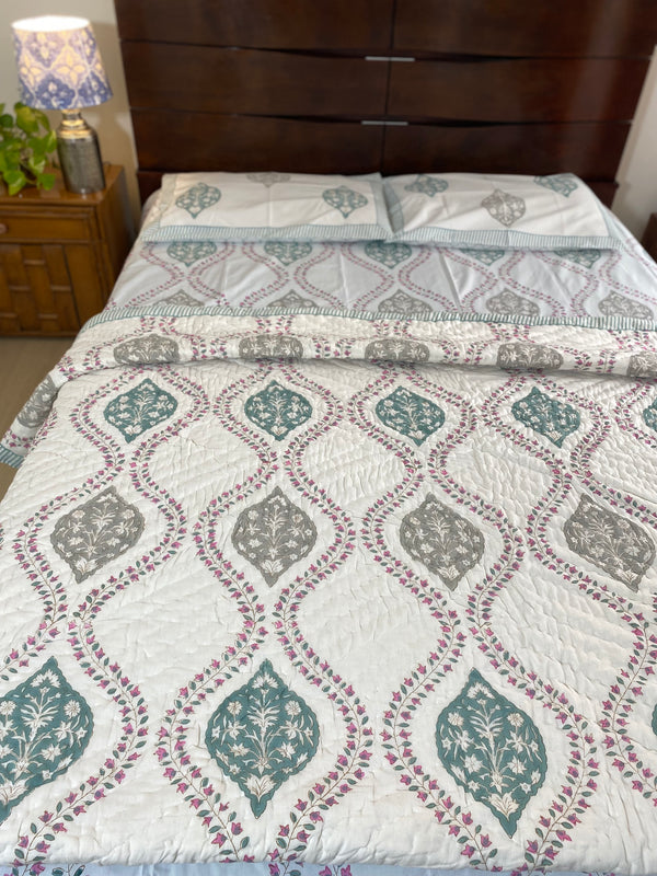 Grey and Pink Floral Bedsheet and Reversible Quilt
