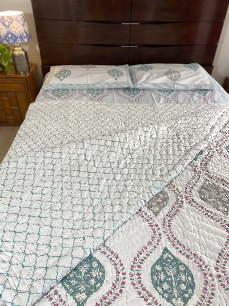 Grey and Pink Floral Reversible Quilt