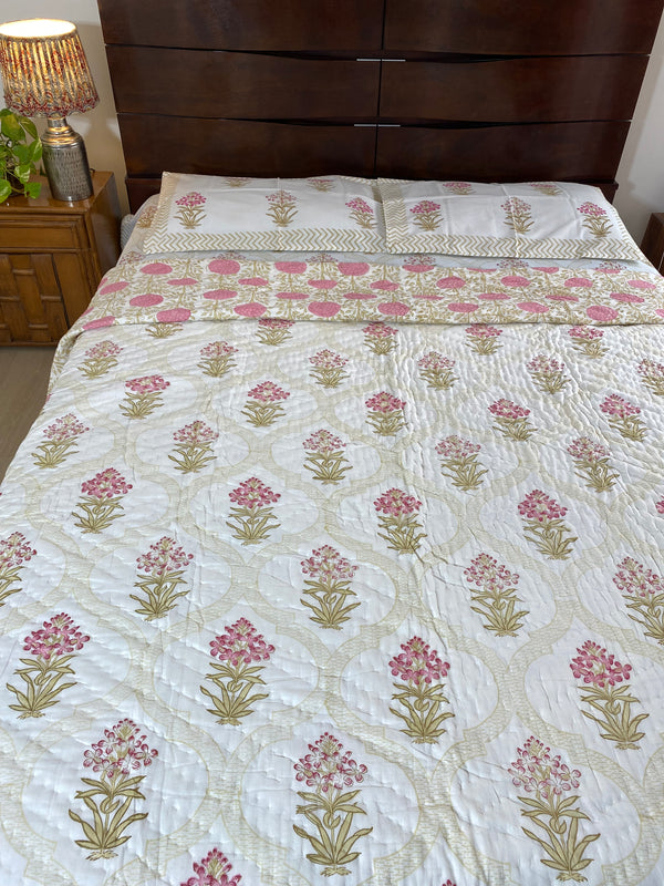 Shades of Brown and Pink Floral Bedsheet and Reversible Quilt