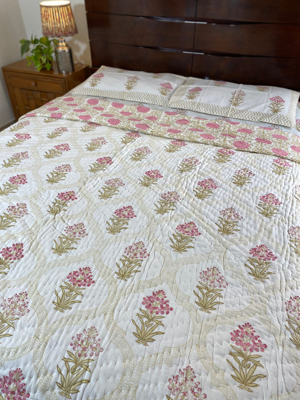 Shades of Brown and Pink Floral Bedsheet and Reversible Quilt