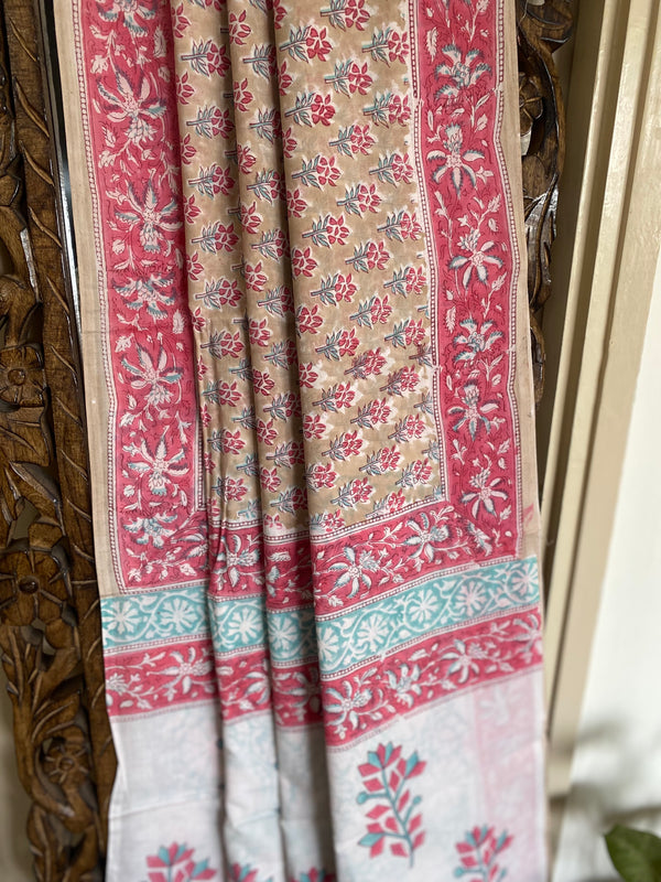 Sada bahar collection-  Light Brown and Pink Hand Block Print Saree