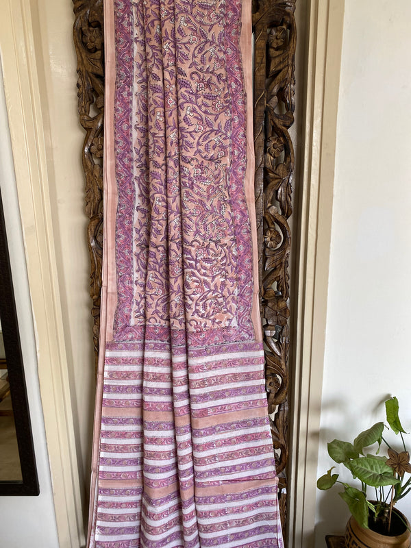 Sada bahar collection-Peach and Purple Hand Block Print Saree