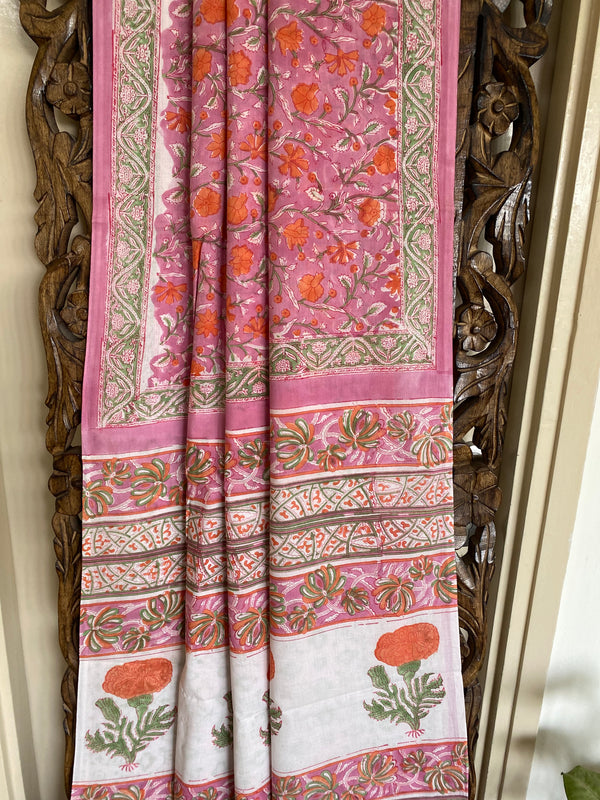 Sada bahar collection- Pink and Orange Hand Block Print Saree