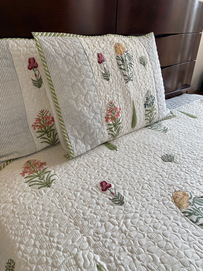 Leaf and Floral Handblock Print Quilted Bed Cover