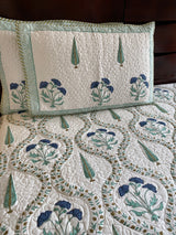 Blue and Green Floral Handblock Print Quilted Bed Cover