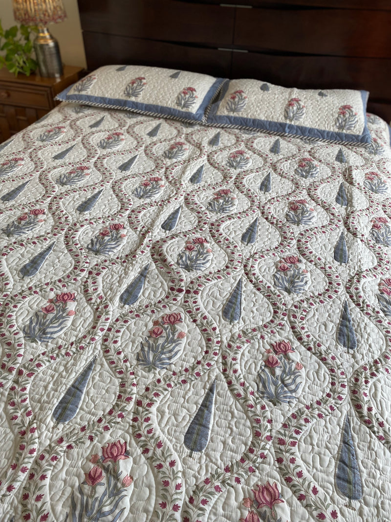 Floral Jaal Handblock Print Quilted Bed Cover