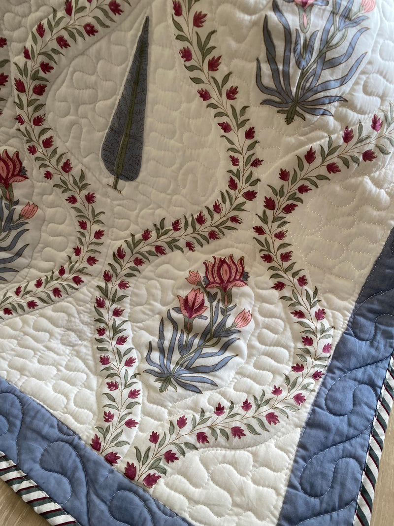 Floral Jaal Handblock Print Quilted Bed Cover