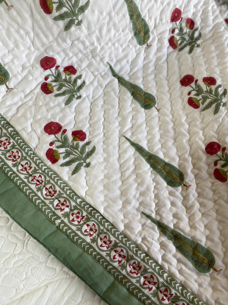 Red and Green Floral Handblock Print Reversible Quilt