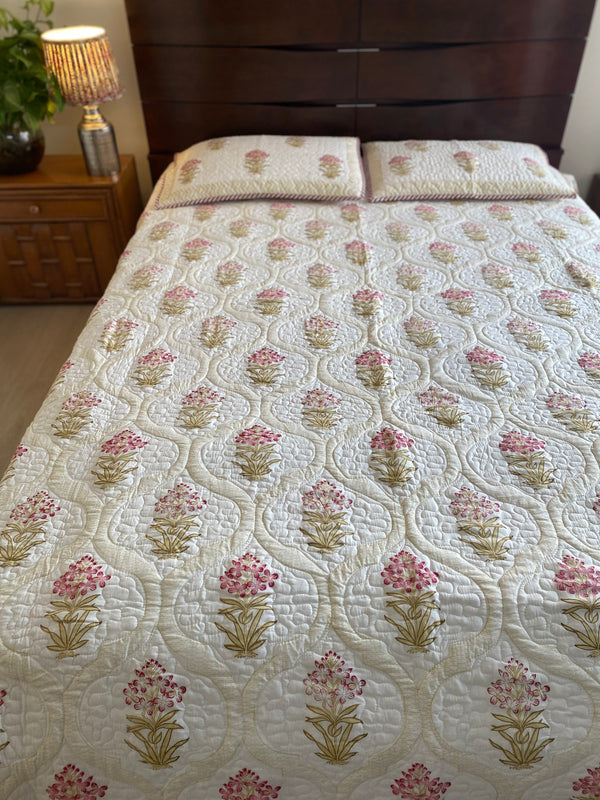 Beige and Off-White Floral Handblock Print Quilted Bed Cover