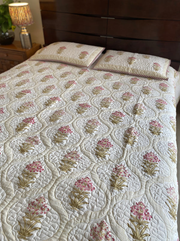 Beige and Off-White Floral Handblock Print Quilted Bed Cover