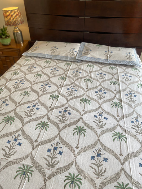 Palm and Blue Floral Handblock Print Bedsheet (210TC)