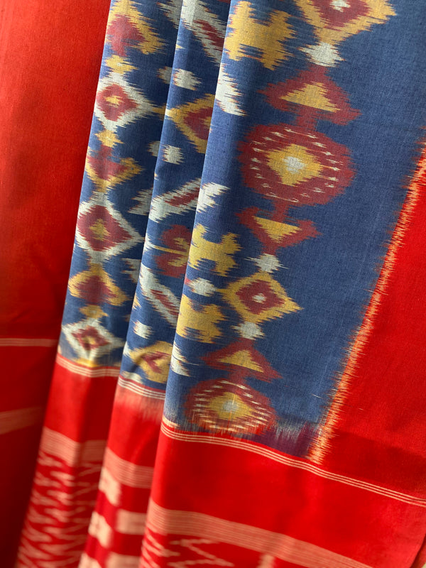 Gulaab collection- Blue and red Ikkat handwoven saree