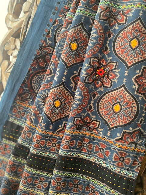 Blue and brown Ajrakh saree