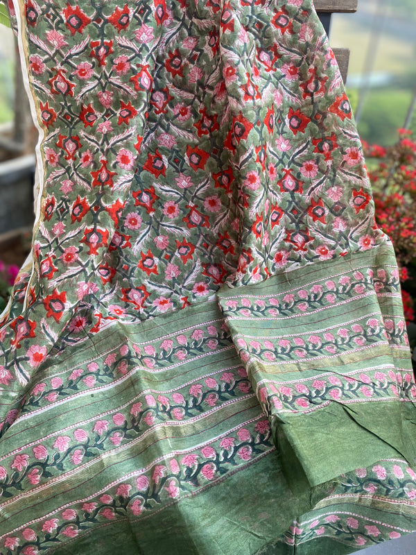Phool collection-  Green and Red Floral Chanderi Dupatta