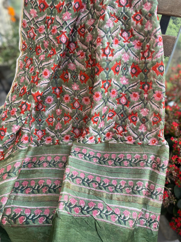 Phool collection-  Green and Red Floral Chanderi Dupatta