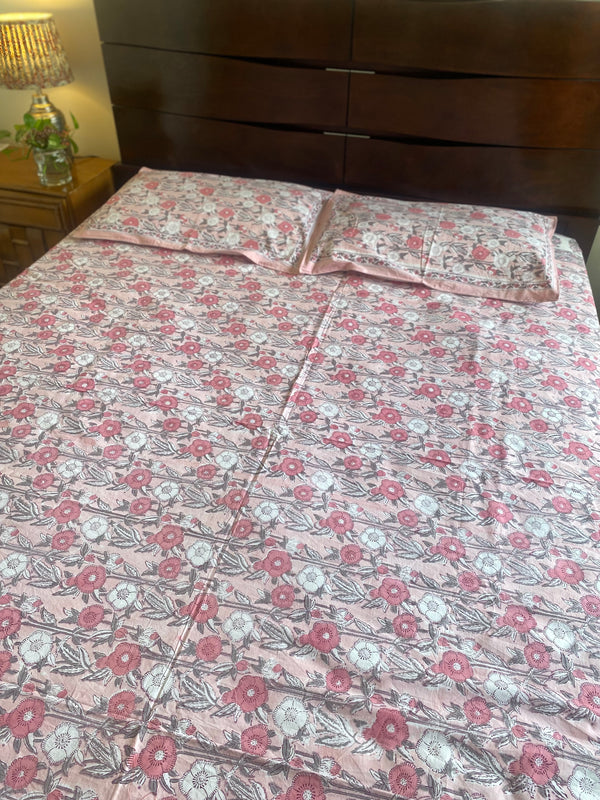 Pink floral hand block print bedsheet
