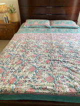 Aqua Blue Floral Reversible Quilt