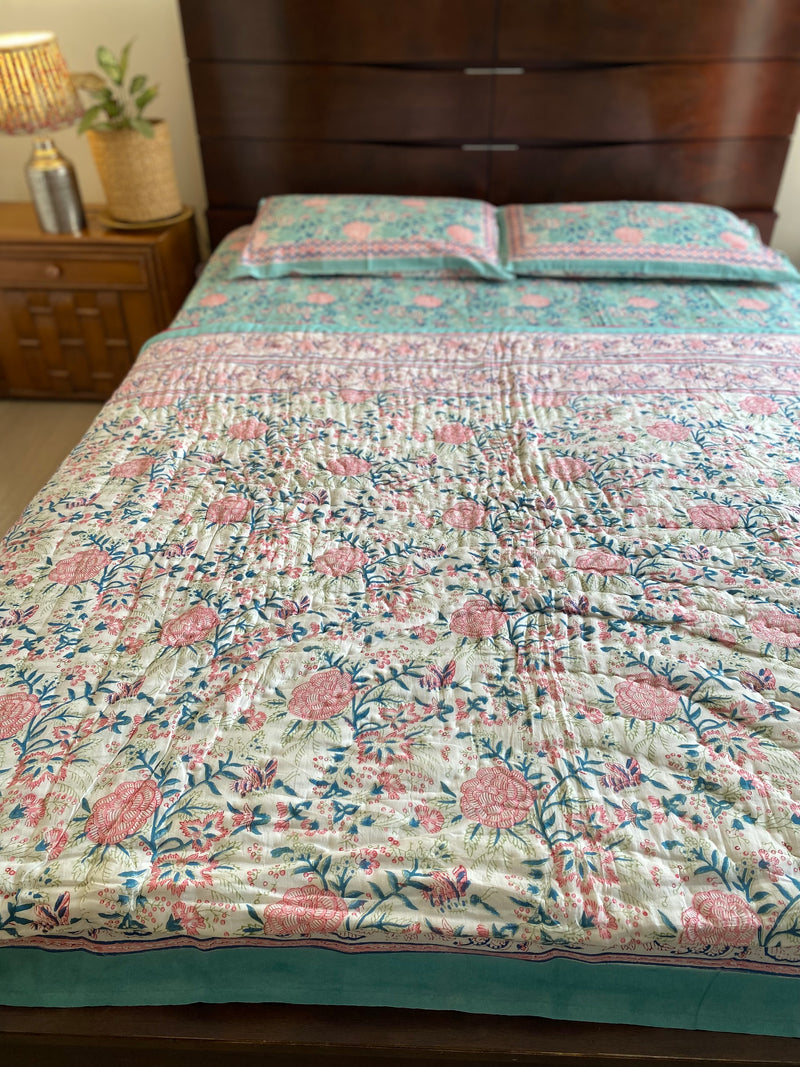 Aqua Blue Floral Reversible Quilt