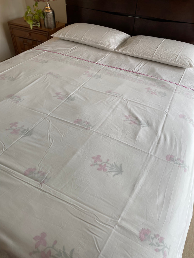 White and Pink Handblock Print Reversible Dohar