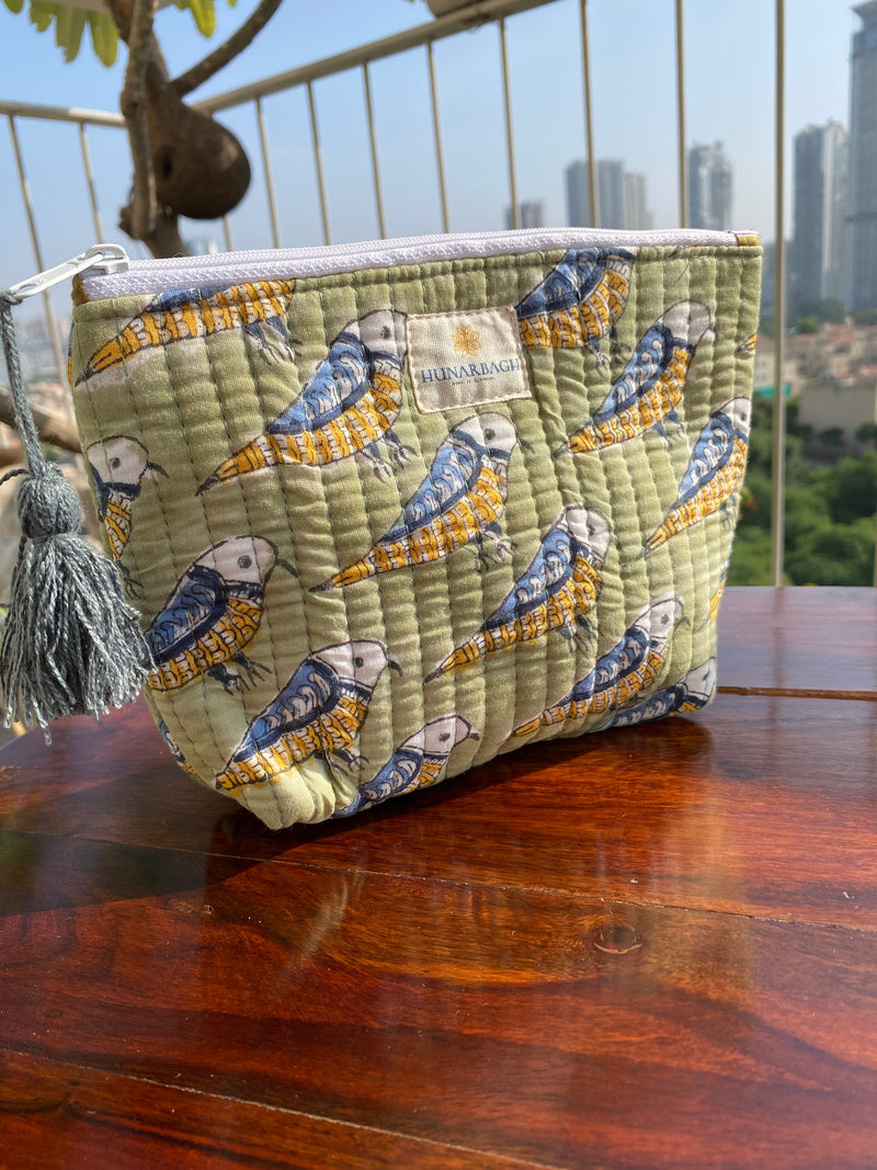 Olive Green Bird Tote Bag with Pouch