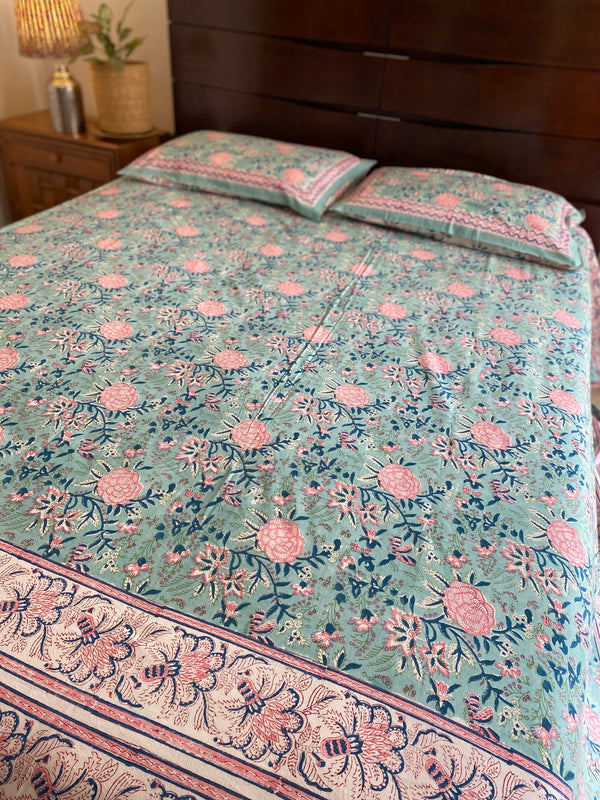 Aqua Blue Handblock Printed Bedsheet