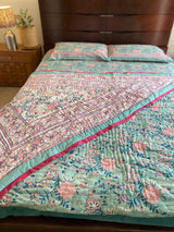 Aqua Blue Floral Reversible Quilt