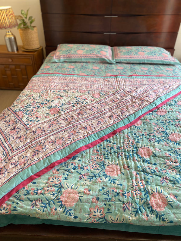 Aqua Blue Floral Reversible Quilt