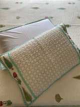 Green and White Floral Handblock Printed Bedcover